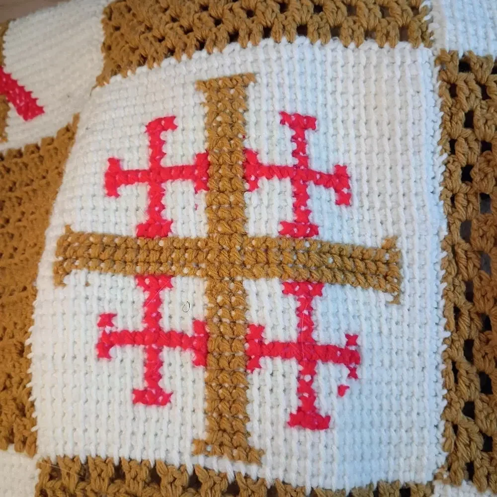Handmade Crochet Afghan Blanket 64x49 Religious Christian Catholic Gold White